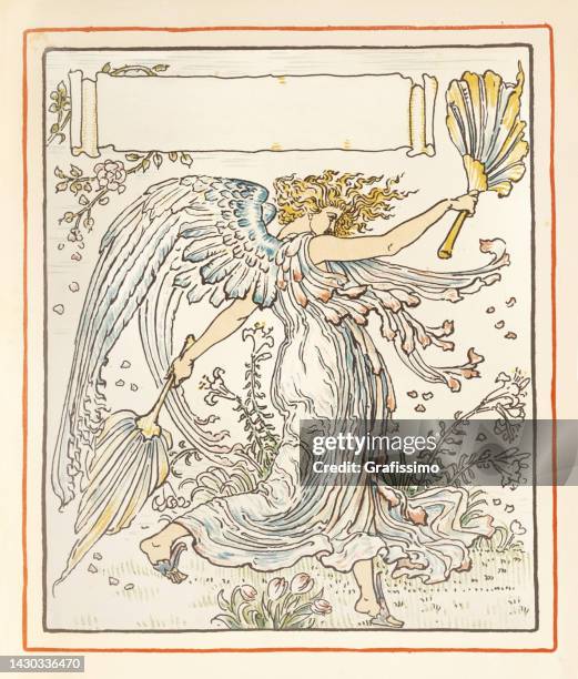 ilustrações, clipart, desenhos animados e ícones de anjo celebrando a primavera art nouveau design book ilustração 1899 - fantasia de anjo