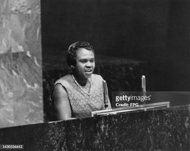 Liberian lawyer and diplomat Angie Brooks making an address to the General Assembly of the United Nations, in the United Nations General Assembly...
