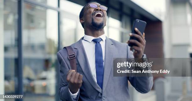 winner, phone success and happy business man with 5g network for lotto, profit and online investment or contract deal. wow, motivation and celebration for winning, b2b sales or corporate promotion - black stock trader stock pictures, royalty-free photos & images