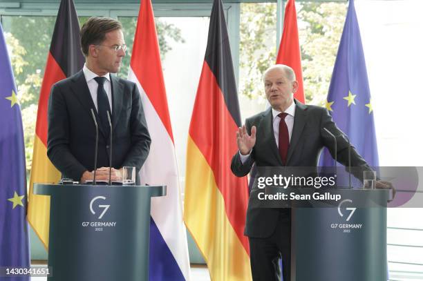 German Chancellor Olaf Scholz and Dutch Prime Minister Mark Rutte speak to the media following a meeting of the German-Dutch climate cabinet at the...