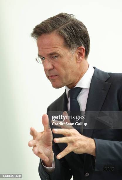 Dutch Prime Minister Mark Rutte and German Chancellor Olaf Scholz speak to the media following a meeting of the German-Dutch climate cabinet at the...