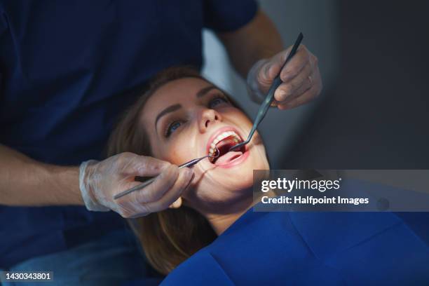 close up of dentists examination in ambulance. - tandläkare bildbanksfoton och bilder