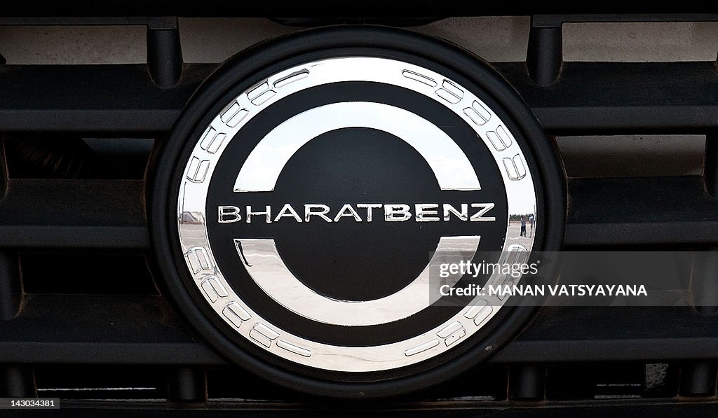A Bharat Benz logo is pictured at the Da