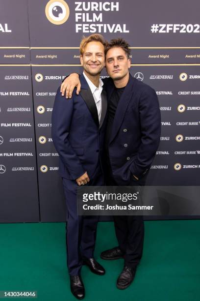 Alessandro Borghi and Luca Marinelli attend the "Le Otto Montagne" photocall during the 18th Zurich Film Festival at Kino Corso on October 01, 2022...