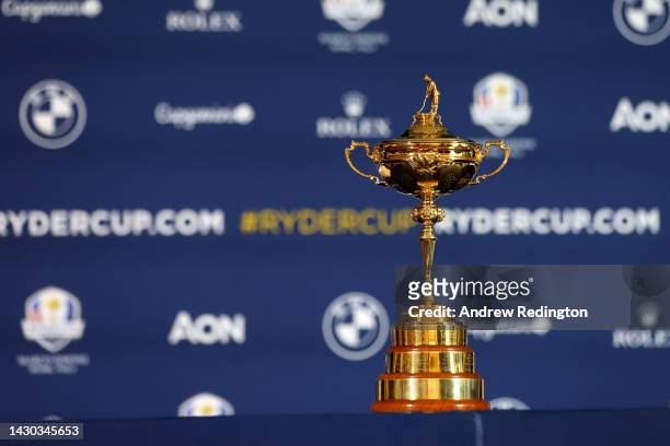 The Ryder Cup trophy is pictured during a press conference during the Ryder Cup 2023 Year to Go Media Event at Marco Simone Golf Club on October 04,...