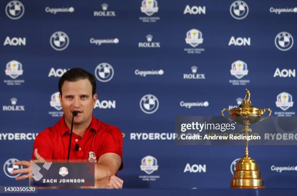 Zach Johnson of The United States talks to the media in a press conference during the Ryder Cup 2023 Year to Go Media Event at Marco Simone Golf Club...
