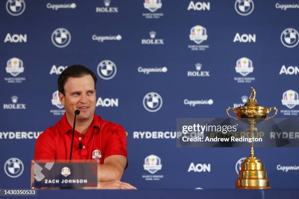 Zach Johnson of The United States talks to the media in a press conference during the Ryder Cup 2023 Year to Go Media Event at Marco Simone Golf Club...