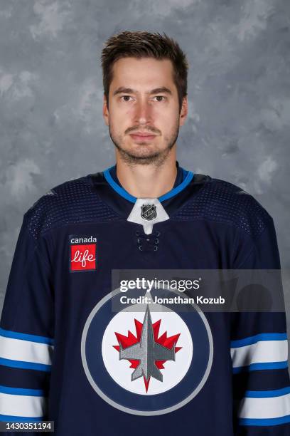David Rittich of the Winnipeg Jets poses for his official headshot for the 2022-2023 season on September 21, 2022 at Bell MTS Iceplex in Winnipeg,...