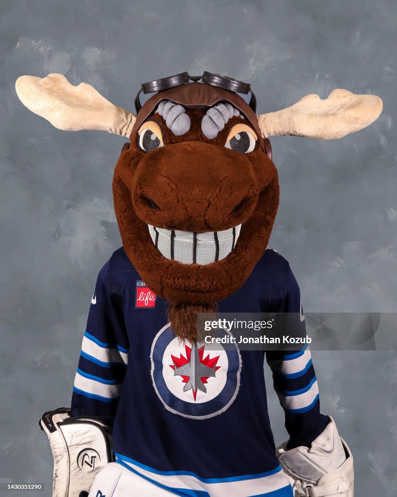 Mick Moose the mascot of the Winnipeg Jets poses for his