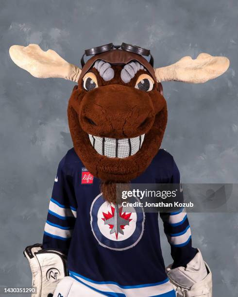 Mick E. Moose the mascot of the Winnipeg Jets poses for his official headshot for the 2022-2023 season on September 21, 2022 at Bell MTS Iceplex in...