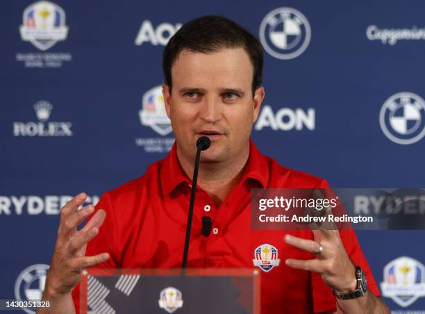 Zach Johnson of The United States talks to the media in a press conference during the Ryder Cup 2023 Year to Go Media Event at Marco Simone Golf Club...