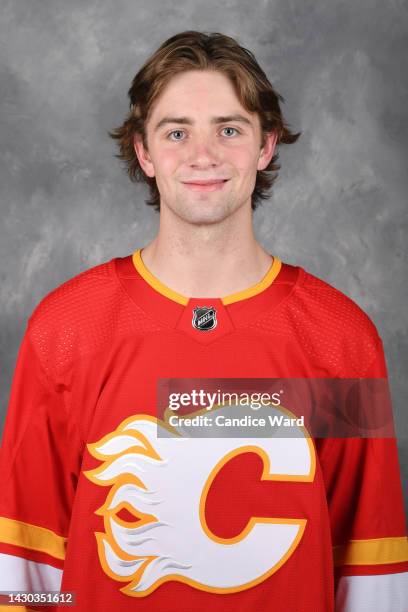 Cam Whynot of the Calgary Flames poses for his official headshot for the 2022-2023 season on September 14, 2022 at Winsport in Calgary, Alberta,...