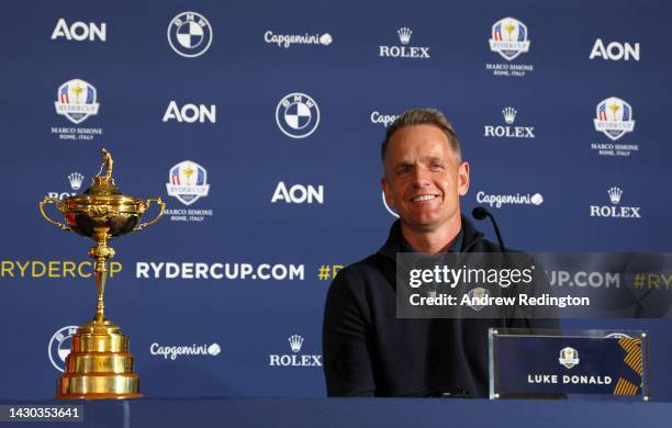 Luke Donald of England speaks to the media in a press conference during the Ryder Cup 2023 Year to Go Media Event at Marco Simone Golf Club on...