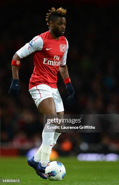 Alex Song of Arsenal on the ball during the Barclays Premier League match between Arsenal and Wigan Athletic at Emirates Stadium on April 16, 2012 in...