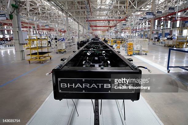 BharatBenz chassis is lined up at an assembly line at the new Daimler AG truck factory in Kancheepuram, India, on Wednesday, April 18, 2012. Daimler...