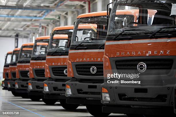 BharatBenz truck bodies are lined up at the new Daimler AG truck factory in Kancheepuram, India, on Wednesday, April 18, 2012. Daimler AG will start...