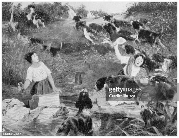 antique illustration: "bien aller", gaudefroy - hunt dog painting stock illustrations