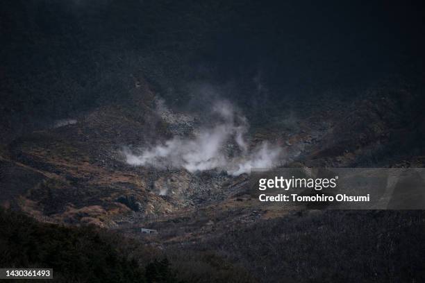 Steam rises from Owakudani, a volcanic valley with active sulfur vents and hot springs, on October 04, 2022 in Hakone, Japan. Japan's Prime Minister...