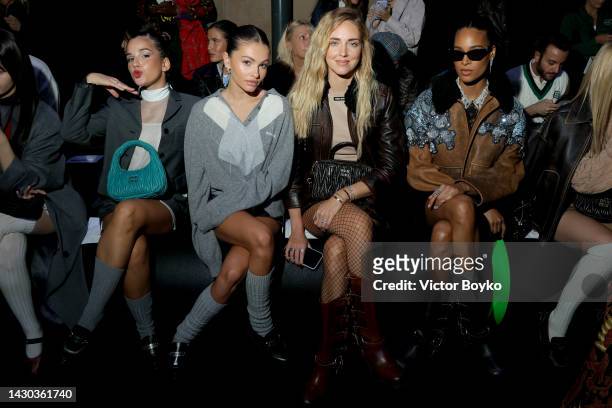 Bianca Costa, Thylane Blondeau, Chiara Ferragni and Cindy Bruna attend the Miu Miu Womenswear S/S 2023 show as part of Paris Fashion Week at Palais...