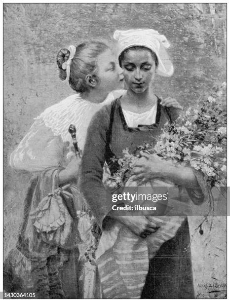 stockillustraties, clipart, cartoons en iconen met antique illustration: the milk sisters, in guillou - lesbian women pics