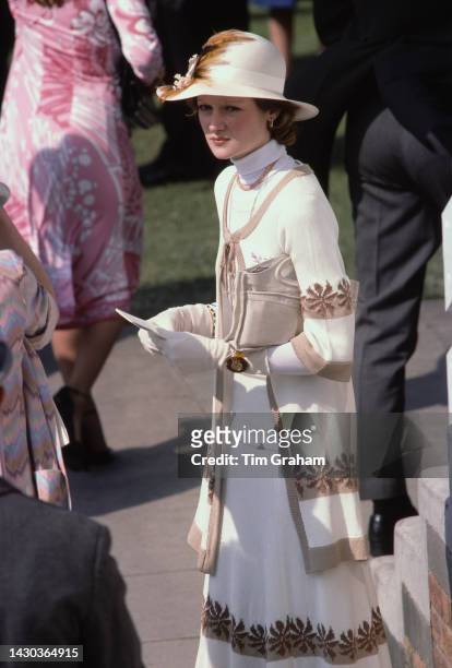 Lady Sarah Spencer attending Ascot races at the time of her friendship with the Prince Of Wales at Ascot, England, United Kingdom, June 1977.