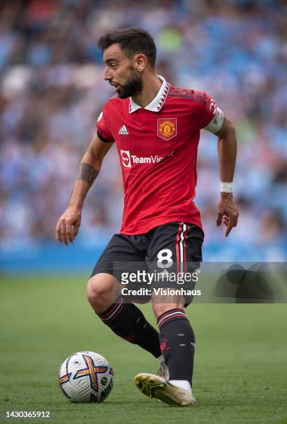 Bruno Fernandes of Manchester United in action during the Premier League match between Manchester City and Manchester United at Etihad Stadium on...