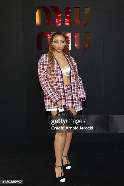 Chloe Bailey attends the Miu Miu Womenswear S/S 2023 show as part of Paris Fashion Week at Palais d'Iena on October 04, 2022 in Paris, France.