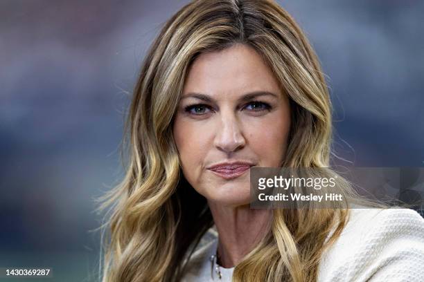 Fox Sports sideline reporter Erin Andrews on the field before a game between the Washington Commanders and the Dallas Cowboys at AT&T Stadium on...
