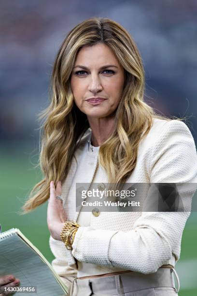 Fox Sports sideline reporter Erin Andrews on the field before a game between the Washington Commanders and the Dallas Cowboys at AT&T Stadium on...