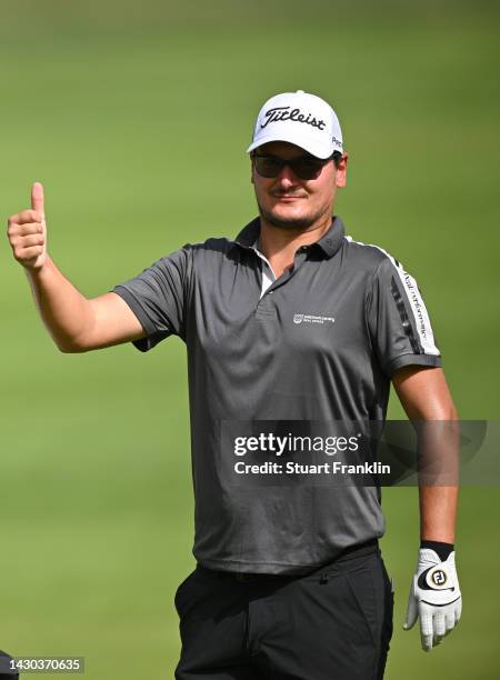 Ondrej Leiser of Czech gestures with the thumbs up during a practice round prior to the acciona Open de Espana presented by Madrid at Club de Campo...