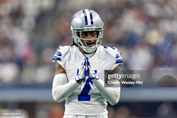 Trevon Diggs of the Dallas Cowboys on the field during a game against the Washington Commanders at AT&T Stadium on October 2, 2022 in Arlington,...