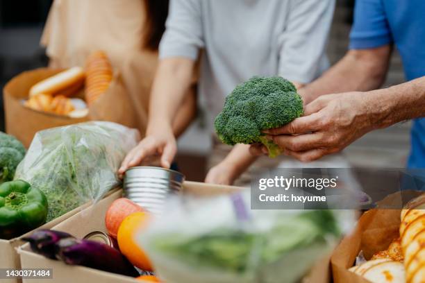 voluntarios asiáticos empacando bienes y comestibles donados en el banco de alimentos - food distribution fotografías e imágenes de stock