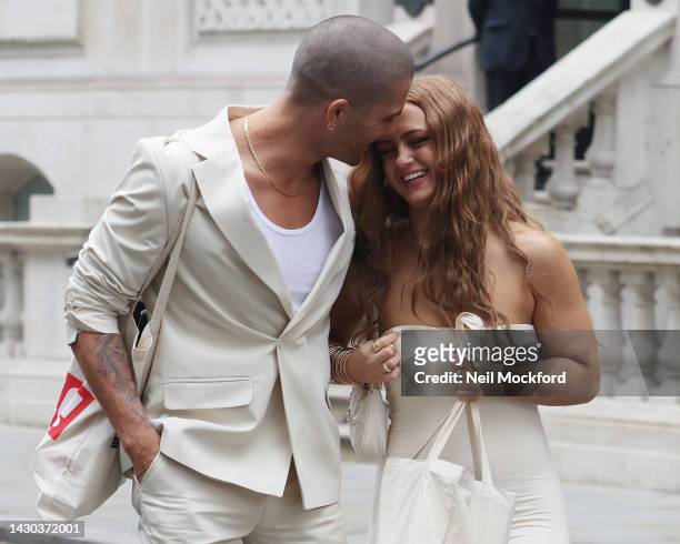Maisie Smith and Max George leaving the Hello! Inspiration Awards at the Corinthia Hotel on October 04, 2022 in London, England.