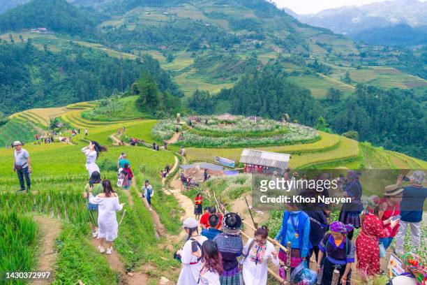 view of tourists and local people in golden rice terraces at mu cang chai town near sapa city, north of vietnam. travel and landscape concept. - sapa stockfoto's en -beelden
