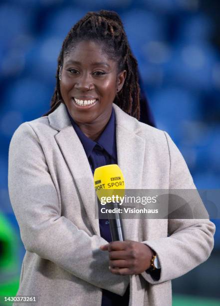 Anita Asante working as a pundit for the BBC prior to the FA Women's Super League match between Chelsea and West Ham United at Kingsmeadow on...