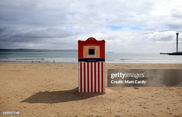 Punch and Judy traditional puppet show theatre is set up on the seafront of Weymouth Bay, which will be the venue for the London 2012 Olympic and...