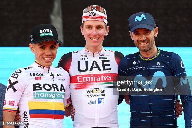 Sergio Andres Higuita Garcia of Colombia and Bora - Hansgrohe Team on second place, race winner Tadej Pogacar of Slovenia and UAE Team Emirates and...