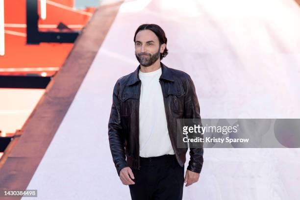 Designer Nicolas Ghesquière acknowledges the audience during the Louis Vuitton Womenswear Spring/Summer 2023 show as part of Paris Fashion Week on...