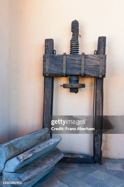 old wine press from 1804, barolo, italy - wooden wine press stock pictures, royalty-free photos & images