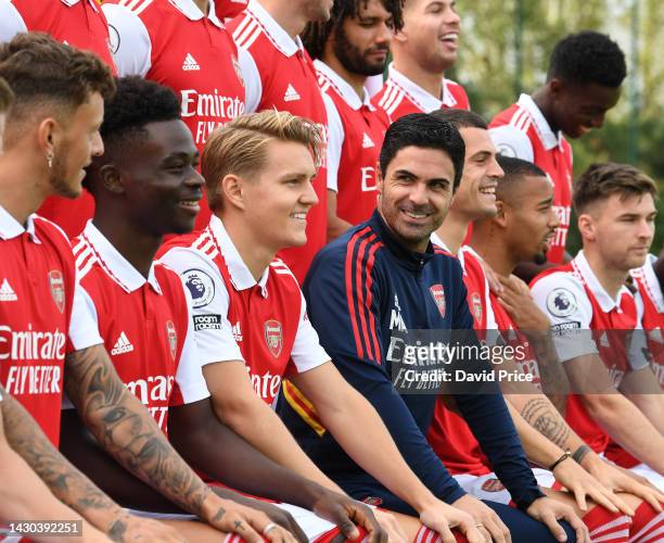 Mikel Arteta the Arsenal Manager during the Arsenal Men's team squad photograph at London Colney on October 04, 2022 in St Albans, England.