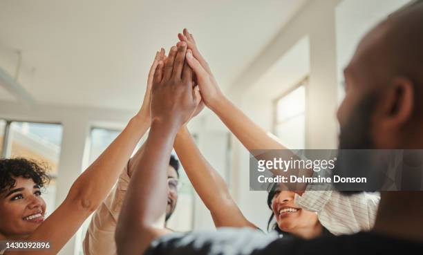high five hands, support and team building success, trust and collaboration of goals, vision and startup target. happy business people teamwork, motivation and winner company in partnership mission - passion job stock pictures, royalty-free photos & images