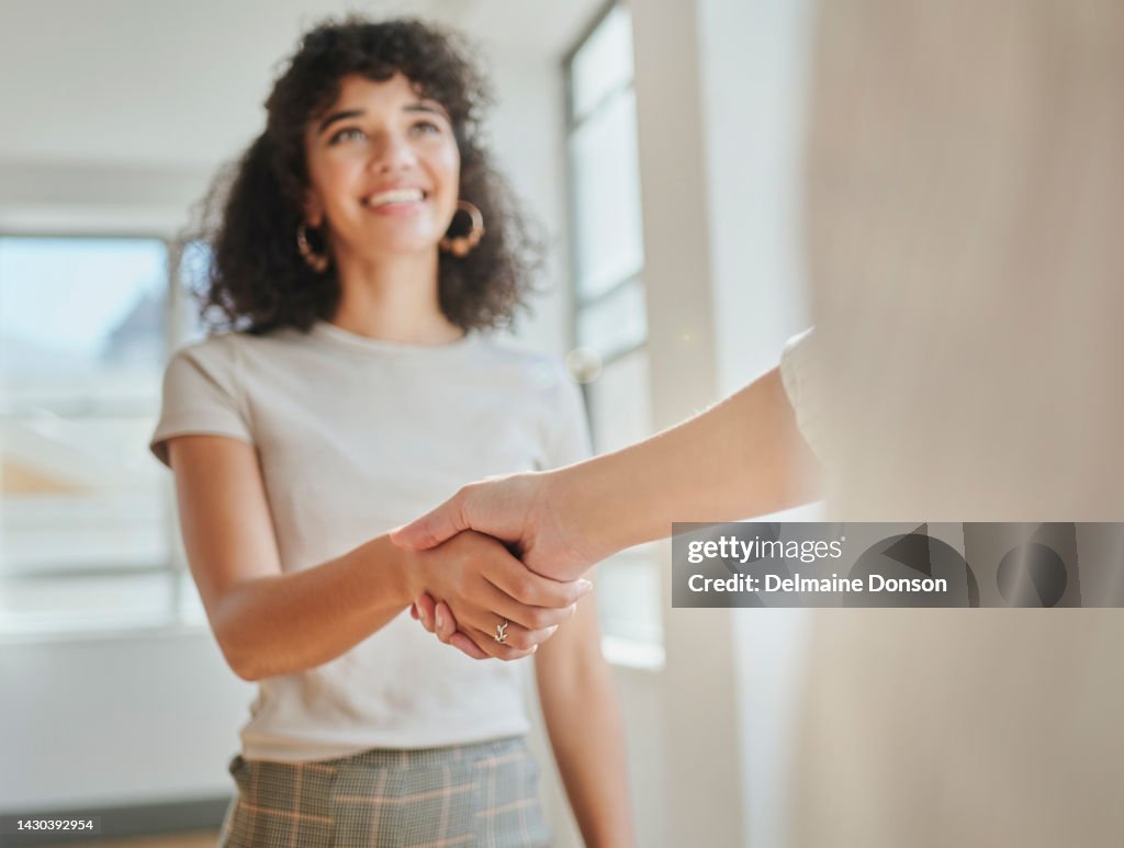 Business women, handshake and partnership success in marketing meeting for b2b deal, growth sales crm and collaboration. Smile, happy or teamwork with thank you or welcome gesture in Brazilian office