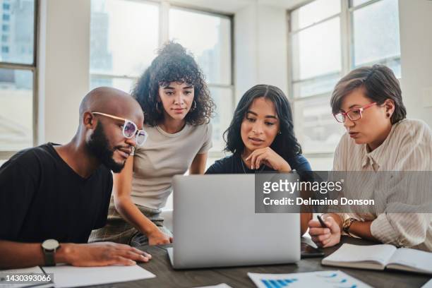 creative startup and team webinar on laptop for professional internet communication in office. web design 
and diverse company people in business video conference with wifi connection. - responsive web design stockfoto's en -beelden