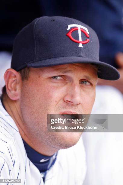Sean Burroughs of the Minnesota Twins watches as his team plays the Los Angeles Angels on April 9, 2012 at Target Field in Minneapolis, Minnesota....
