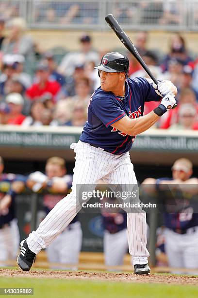 Sean Burroughs of the Minnesota Twins bats against the Texas Rangers on April 14, 2012 at Target Field in Minneapolis, Minnesota. The Rangers win 6-2.