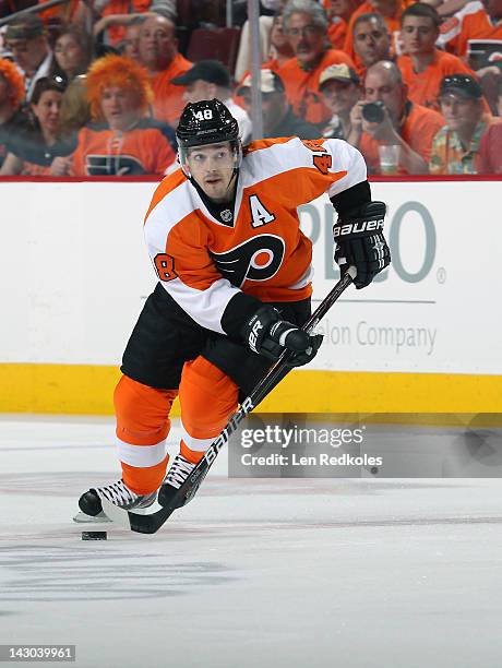 Danny Briere of the Philadelphia Flyers skates the puck against the Pittsburgh Penguins in Game Three of the Eastern Conference Quarterfinals during...