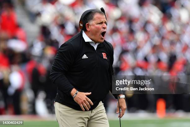 Head Coach Greg Schiano of the Rutgers Scarlet Knights reacts following a play during the first quarter of a game against the Ohio State Buckeyes at...