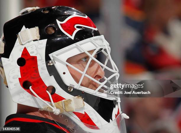 Goaltender Martin Brodeur of the New Jersey Devils watches first period action in the Florida Panthers end in Game Two of the Eastern Conference...