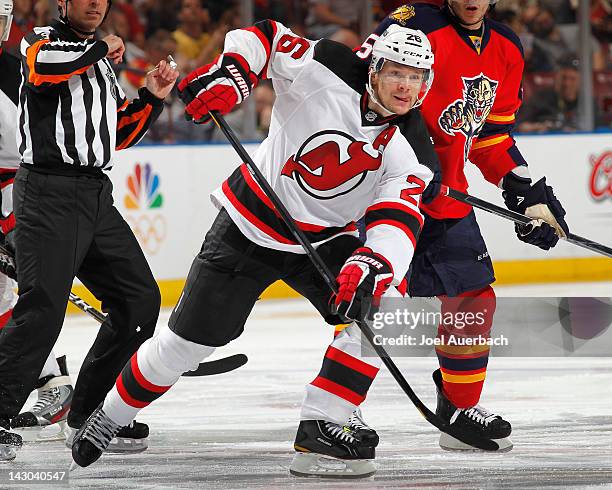 Patrik Elias of the New Jersey Devils waits for a pass from a teammate against the Florida Panthers in Game Two of the Eastern Conference...