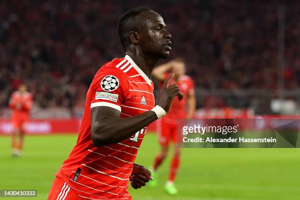 Sadio Mane of Bayern Munich celebrates after scoring their team's third goal during the UEFA Champions League group C match between FC Bayern München...